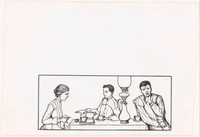 Twee mannen en een vrouw aan een tafel