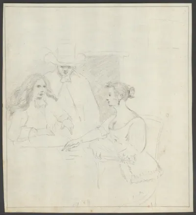 Twee mannen en een vrouw met luit aan tafel