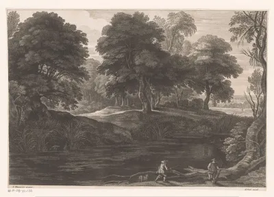 Twee mannen en hond bij rivier