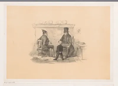 Twee mannen en jongen bij een open haard