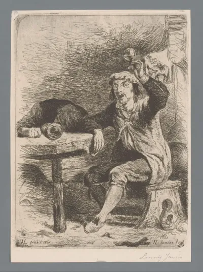 Twee mannen in een herberg, de een heft zijn glas, de ander is op tafel in slaap gevallen