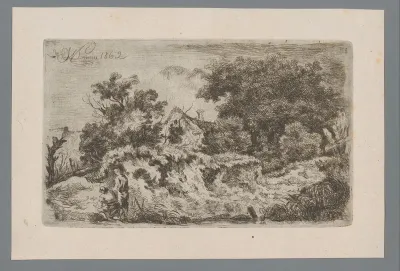 Twee mannen in een landschap met een woning op de achtergrond