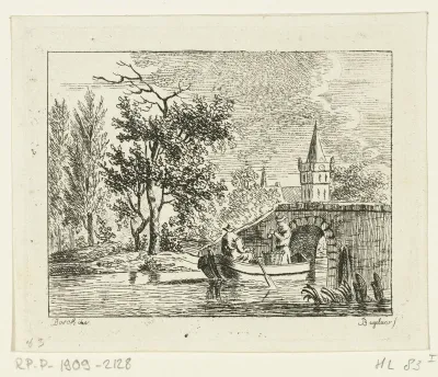 Twee mannen in een roeiboot vlak achter een stenen brug