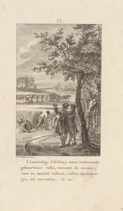 Twee mannen kijken uit over een landschap waar geoogst wordt