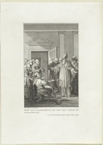 Twee mannen knielen voor een bisschop