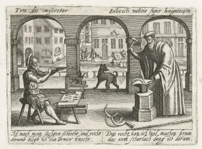 Twee mannen maken pijlen en sikkels in een loggia