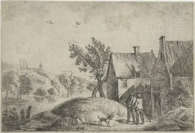 Twee mannen met een hond in een landschap
