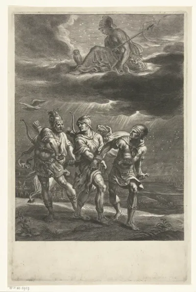 Twee mannen met gevangene en Minerva bij nacht