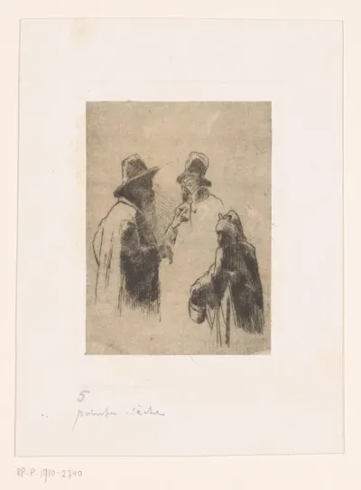 Twee mannen met hoeden en een figuur met een lange mantel