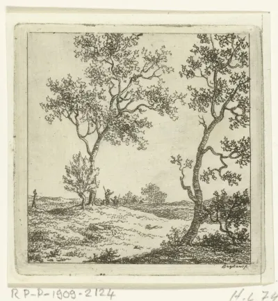 Twee mannen met stokken in een landschap