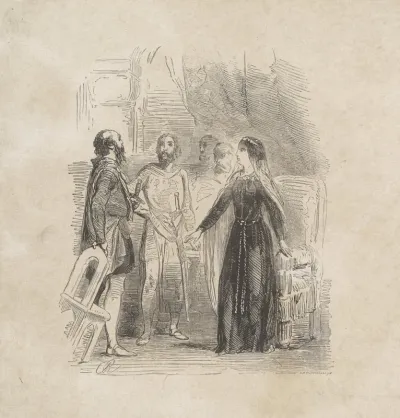 Twee mannen met zwaarden en een vrouw met een sluier