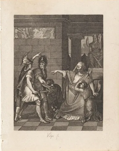 Twee mannen met zwaarden voor een vrouw met een kind