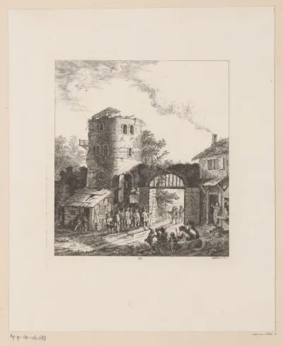 Twee mannen naderen de stadspoort
