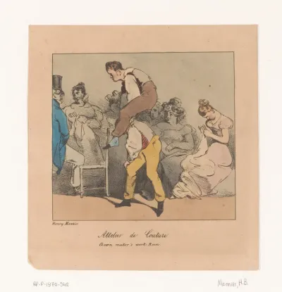 Twee mannen spelen haasje-over in een naaiatelier