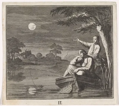 Twee mannen vissen in een roeiboot bij het licht van de maan