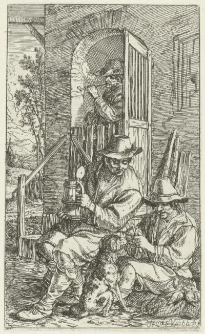 Twee mannen voor een herberg met een hond