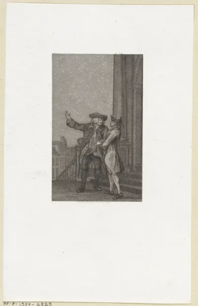 Twee mannen voor een kerk in gesprek onder de sterrenhemel