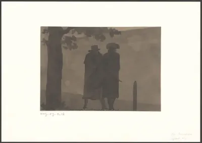 Twee mannen wandelen voorzichtig op een mistige avond