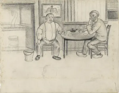 Twee mannen zittend aan een tafel in een café