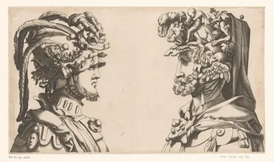 Twee mannenbustes met maskers en fantasiehoofdbedekking
