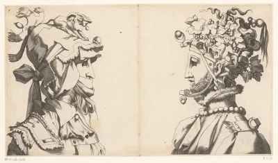 Twee mannenbustes met maskers en fantasiehoofdbedekking