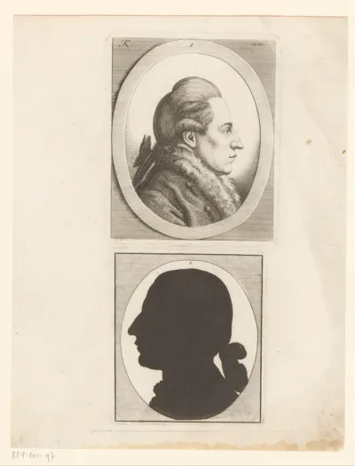 Twee mannenkoppen, waarvan één silhouetportret, in ovale omlijsting