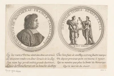 Twee medailles met links het portret van Louis Boucherat en rechts de personificaties van weldaad en gerechtigheid