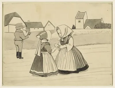 Twee meisjes en een jongen, die een pijp rookt, op een landweg