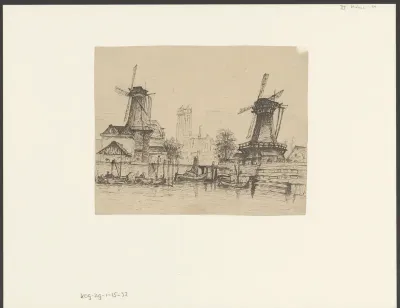 Twee molens bij een werf nabij Dordrecht