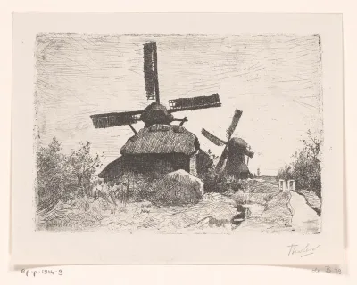 Twee molens in een landschap