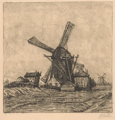 Twee molens in een vlak landschap