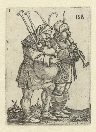 Twee muzikanten met schalmey en doedelzak