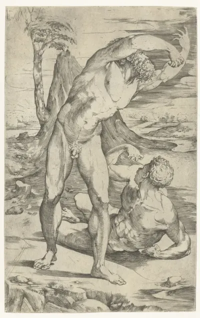 Twee naakte mannen in een landschap