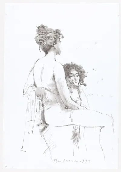 Twee naakte vrouwen, een zittend op een stoel, de ander erachter