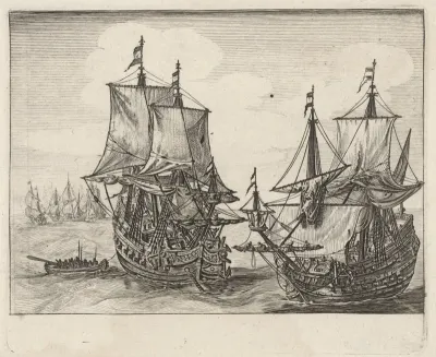 Twee Nederlandse oorlogsschepen voor anker