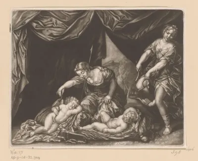 Twee nimfen van Diana stelen de bogen van slapende cupido's