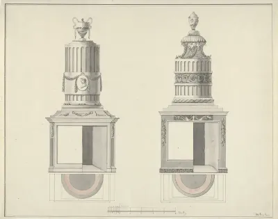 Twee ontwerpen van kachels, met een voetmaat