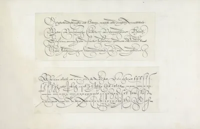 Twee ontwerpen van schrijfvoorbeelden: de bastarde en de Nederlandse lopende letter