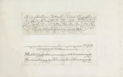 Twee ontwerpen van schrijfvoorbeelden: een Engelse hand en een Hoogduitse lopende letter