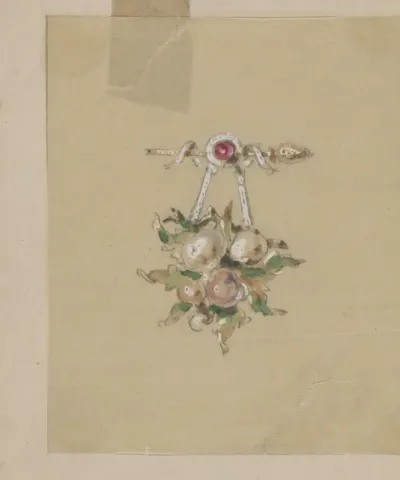 Twee ontwerpen voor broches met een vruchtentros
