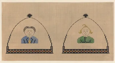 Twee ontwerpen voor een geborduurde theemuts, met Max & Moritz