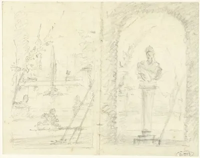 Twee ontwerpen voor een tuingezicht, met een fontein en met een buste