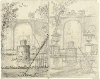 Twee ontwerpen voor een tuingezicht met fontein en tuingereedschap op de voorgrond
