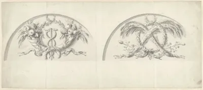 Twee ontwerpen voor lunetten, een met mercuriusstaf tussen cornucopiae, de ander met aren, thyrsos en herdersstaf