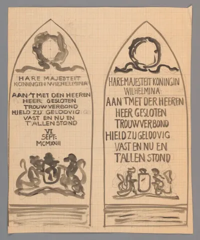 Twee ontwerpen voor panelen (?) ter gelegenheid van het zilveren jubileum van Koningin Wilhelmina, 6 september 1923