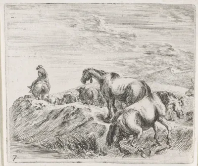 Twee paarden achter een groep schapen met herder een heuvel op klimmend