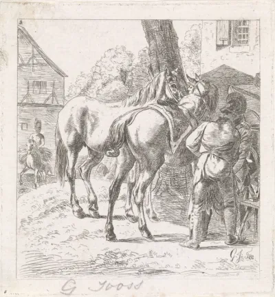 Twee paarden bij de hoefsmid