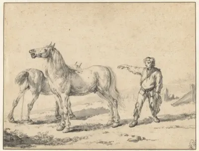 Twee paarden, een urinerend, de ander hinnikend, en een staande man