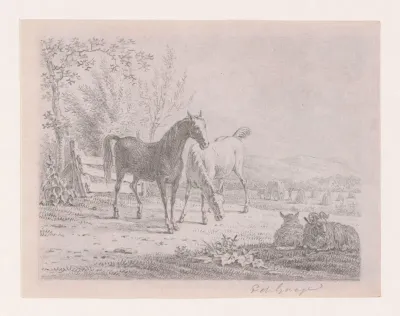 Twee paarden en twee schapen in een weide