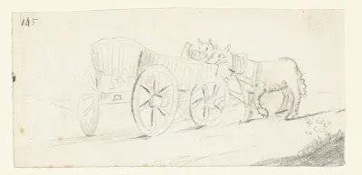 Twee paarden etend bij een wagen